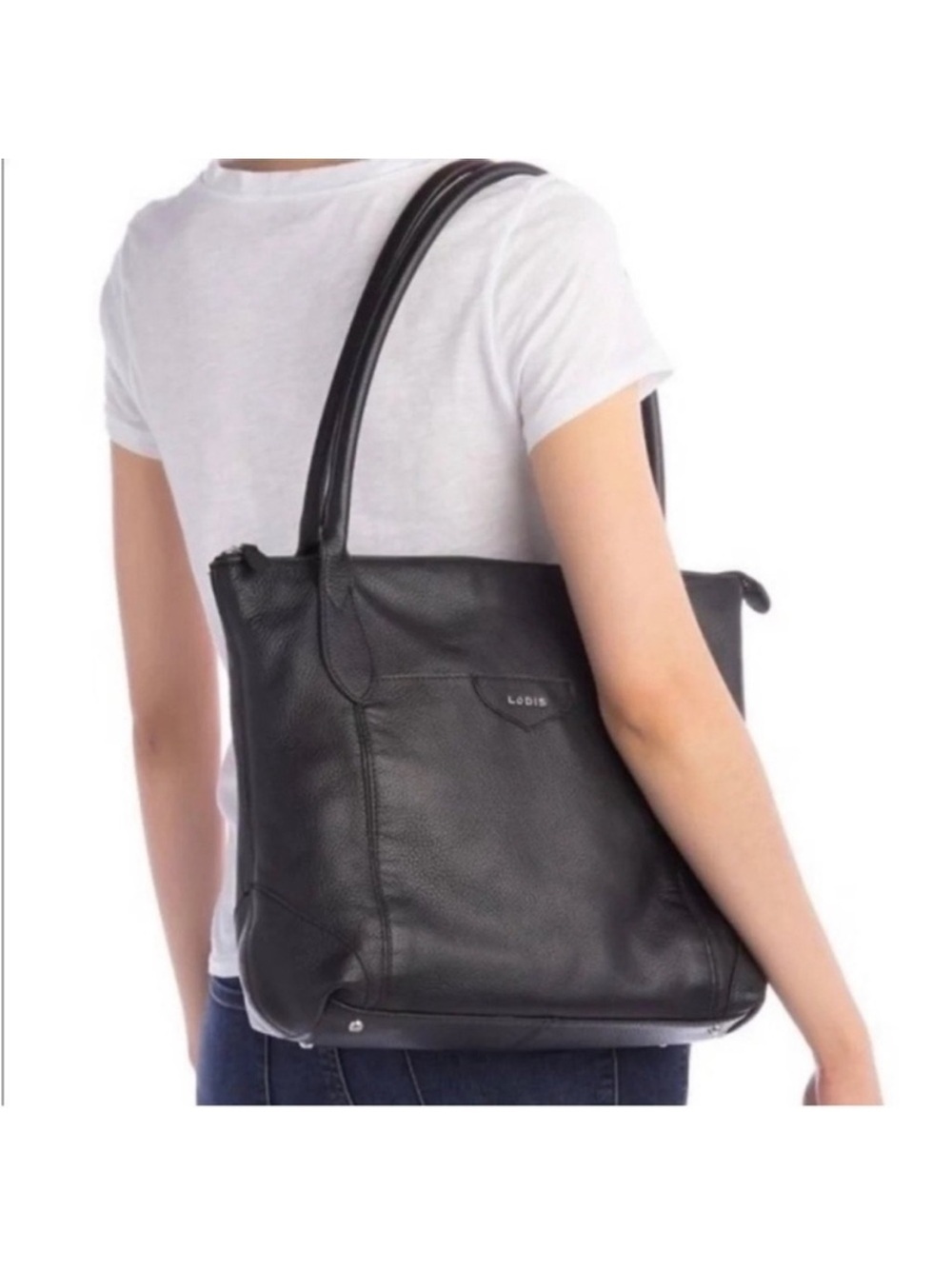 Lodis sierra black pebbled shoulder leather tote bag